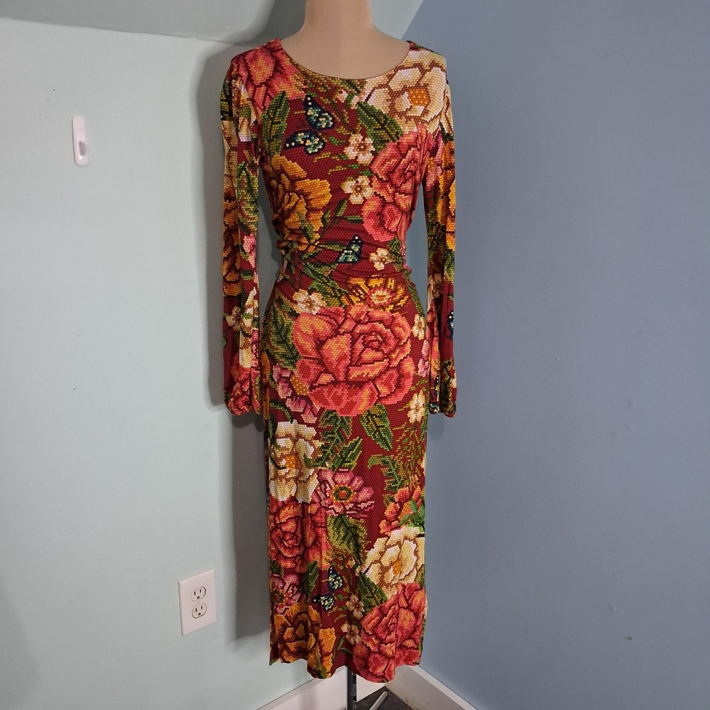 Farm Rio for Anthropologie Floral Cross Stitch Midi Dress XS Red Long‎ Sleeve